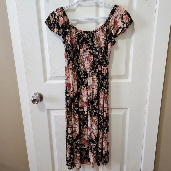 Black pink green floral maxi ruffle off shoulder dress Lace & Mesh Modcloth XXS - Picture 2 of 10